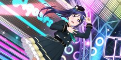 Rule 34 | 1girl, absurdres, belt, belt chain, beret, blue hair, collared shirt, frilled skirt, frills, glowing, hand up, hat, hat ornament, highres, kimi no hitomi o meguru bouken (love live!), long hair, long sleeves, looking at viewer, love live!, love live! school idol festival all stars, love live! sunshine!!, matsuura kanan, mini hat, necktie, neon lights, official art, open mouth, pleated skirt, ponytail, purple eyes, shirt, skirt, sleeve cuffs, smile, solo, sparkle, speaker, stage, stage lights, stairs, v, very long hair