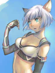 Rule 34 | 1girl, 2023, animal ear fluff, animal ears, artist name, adventurer (ff11), black gloves, blue eyes, blunt ends, breasts, cactus41747280, cat ears, cat girl, cleavage, collarbone, dated, facial mark, final fantasy, final fantasy xi, fingerless gloves, gloves, hand up, highres, medium breasts, midriff, mithra (ff11), navel, open mouth, short hair, solo, whisker markings, white hair