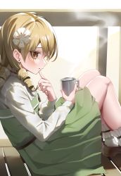 Rule 34 | 1girl, absurdres, blonde hair, blush, cup, dress, earrings, finger to mouth, frilled legwear, green dress, highres, holding, holding cup, idolmaster, idolmaster cinderella girls, jewelry, leaning back, looking at viewer, morikubo nono, mug, ningen mame, pleated dress, profile, railing, ringlets, sitting, solo, steam, stud earrings, wooden floor