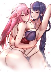 Rule 34 | 2girls, arm up, armpits, ass, asymmetrical bangs, bare arms, bare shoulders, bikini, blush, bra, bra pull, breast press, breasts, cleavage, closed mouth, clothes pull, collarbone, couple, earrings, eyes visible through hair, genshin impact, hair between eyes, half-closed eyes, highres, hug, jewelry, large breasts, lingerie, lips, multiple girls, neck, panties, petals, pink hair, purple bra, purple eyes, purple hair, purple panties, raiden shogun, red bra, seductive smile, smile, standing, swimsuit, symmetrical docking, thighs, thong, tinnies, torso grab, underwear, underwear only, yae miko, yuri