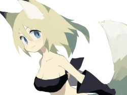 Rule 34 | 1girl, animal ears, bandeau, bare shoulders, black bandeau, black gloves, blue eyes, blush stickers, breasts, brown hair, cleavage, closed mouth, collarbone, commentary request, fox ears, fox girl, fox tail, gloves, hair between eyes, long hair, medium breasts, mole, mole under eye, original, pappii (paprika shikiso), paprika shikiso, simple background, smile, solo, tail, tail raised, white background
