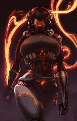 Rule 34 | 1girl, armor, arms at sides, bare shoulders, black background, black hair, breasts, des(desvitio), desorienter, highres, holding, holding whip, large breasts, legs, mask, mask on head, original, rienna (desvitio), shirt, short hair, signature, solo, thighs, walking, weapon, whip