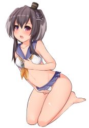 Rule 34 | 10s, 1girl, anchor, barefoot, bikini, black hair, covering privates, covering crotch, frilled bikini, frills, full body, gradient hair, grey hair, hat, headband, highres, joosi, kantai collection, looking at viewer, mini hat, multicolored hair, navel, open mouth, sailor bikini, sailor collar, seiza, short hair with long locks, sitting, solo, swimsuit, tokitsukaze (kancolle), transparent background, white background