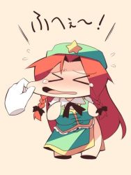 Rule 34 | &gt; &lt;, 1girl, bad id, bad pixiv id, braid, breasts, cheek pull, chibi, comic, closed eyes, flying sweatdrops, hair ribbon, hat, hong meiling, large breasts, long hair, open mouth, puffy sleeves, red hair, ribbon, shirt, short sleeves, side slit, silent comic, skirt, skirt set, star (symbol), tears, touhou, translation request, twin braids, uccow, very long hair, vest, wavy mouth