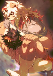 Rule 34 | 2boys, aak (arknights), absurdres, anal, animal ears, arknights, bara, between pecs, between pectorals, bottomless, closed eyes, clothes lift, dog boy, dog ears, drooling, earrings, face to pecs, furry, furry male, furry with furry, hair over one eye, head between pecs, highres, horns, hung (arknights), jewelry, large pectorals, long hair, lying, male focus, male penetrated, mane (omedemidori), multicolored hair, multiple boys, muscular, muscular male, on back, orange hair, paid reward available, pectoral press, pectorals, sex, shirt lift, short hair, single horn, size difference, socks, streaked hair, two-tone fur, underpec, white fur, white hair, yaoi