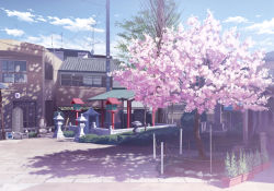 Rule 34 | architecture, blue sky, cherry blossoms, city, cloud, day, east asian architecture, highres, house, isou nagi, lantern, laundry pole, no humans, original, outdoors, pavement, plant, potted plant, real world location, rope, satellite dish, scenery, shrine, silhouette, sky, spring (season), stone lantern, tombstone, tree, utility pole