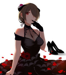 Rule 34 | 1girl, absurdres, babyzhugg, bare shoulders, between breasts, black choker, black dress, black footwear, black gloves, breasts, brown hair, choker, cleavage, dress, earrings, finger to mouth, flower, frilled dress, frills, gloves, hair over one eye, hair ribbon, halterneck, high heels, highres, honkai (series), honkai impact 3rd, horns, jewelry, lace, long dress, looking at viewer, medium breasts, off-shoulder dress, off shoulder, petals, red eyes, red flower, red rose, ribbon, rita rossweisse, rita rossweisse (umbral rose), rose, see-through, shoes, unworn shoes, short hair, single glove, sitting, solo