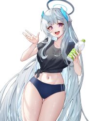 Rule 34 | 1girl, :d, absurdres, blue archive, blue buruma, blush, bottle, breasts, buruma, gym uniform, halo, highres, holding, holding bottle, josal, large breasts, long hair, looking at viewer, navel, noa (blue archive), open mouth, purple eyes, shirt, short sleeves, sidelocks, smile, solo, sweat, teeth, thigh gap, thighs, upper teeth only, very long hair, water bottle, white background