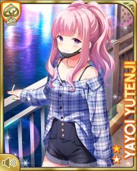 Rule 34 | 1girl, black shorts, blue shirt, breasts, bridge, card, character name, closed mouth, facemask, girlfriend (kari), jewelry, looking at viewer, medium breasts, medium hair, multicolored nails, necklace, night, official art, outdoors, pink hair, plaid, plaid shirt, purple eyes, qp:flapper, shirt, shorts, smile, solo, standing, tagme, teacher, yutenji yayoi