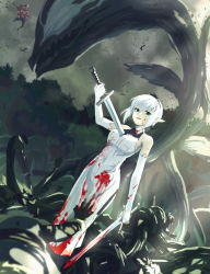 Rule 34 | 1girl, black gloves, blood, blood on face, blood on clothes, bloody dress, cloud, cloudy sky, dress, dual wielding, elbow gloves, gloves, holding, holding sword, holding weapon, looking at viewer, natsuno hamuto, niggurath the ancient tree branch, outdoors, pixiv fantasia, pixiv fantasia last saga, pointy ears, roots, sidelocks, sky, solo focus, standing, sword, tree, weapon, white gloves