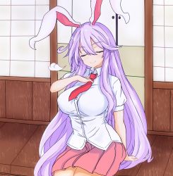 Rule 34 | 1girl, animal ears, blouse, breasts, closed eyes, hand on own chest, highres, large breasts, light purple hair, long hair, necktie, pleated skirt, rabbit ears, red necktie, reisen udongein inaba, shirt, skirt, smug, solo, sprout (33510539), touhou, very long hair