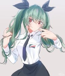 Rule 34 | 1girl, alternate hairstyle, anchovy (girls und panzer), anzio school uniform, artist name, bad id, bad twitter id, black necktie, black skirt, blush, closed mouth, commentary, dress shirt, emblem, girls und panzer, green hair, grey background, head tilt, highres, holding, holding hair, light blush, light frown, long hair, long sleeves, looking at viewer, necktie, red eyes, school uniform, shirt, signature, simple background, skirt, solo, tam a mat, twintails, upper body, white shirt, wing collar