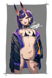 Rule 34 | 1girl, :d, banned artist, bikini, black bikini, black nails, breasts, collar, ear piercing, earrings, eyeliner, fang, fate/grand order, fate (series), fingernails, groin, highres, horns, iwamoto eiri, jacket, jewelry, looking at viewer, makeup, nail polish, navel, necklace, open mouth, piercing, pointy ears, purple eyes, purple hair, ring, sharp fingernails, short hair, shuten douji (fate), skin-covered horns, small breasts, smile, solo, swimsuit, tongue, tongue out