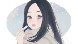 Rule 34 | 1girl, black hair, brown eyes, brown scarf, cosmetics, hand up, hashimoto kanna (idol), holding, holding lipstick tube, light blush, lipstick tube, long hair, looking at viewer, outside border, oval background, parted hair, parted lips, photo-referenced, portrait, real life, scarf, snowflakes, snowing, solo, straight hair, ushiyama ame, winter