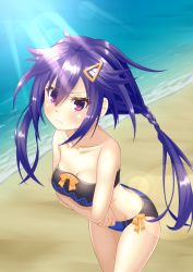 Rule 34 | 1girl, ankokuboshi kurome, beach, bikini, choujigen game neptune, closed mouth, commentary request, crossed arms, frown, hair between eyes, hair ornament, hairclip, highres, long hair, looking at viewer, neptune (series), purple eyes, purple hair, sakaki jin&#039;ya, solo, standing, sun glare, swimsuit, twintails, very long hair