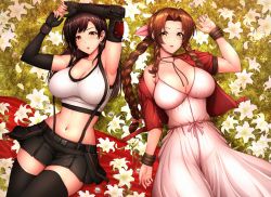 Rule 34 | 2girls, aerith gainsborough, arm up, armpits, bare shoulders, belt, black gloves, black skirt, blush, bow, bracelet, braid, braided ponytail, breasts, brown eyes, brown hair, cleavage, collarbone, cropped jacket, dress, drill hair, earrings, elbow gloves, elbow pads, final fantasy, final fantasy vii, final fantasy vii remake, fingerless gloves, flower, gloves, grass, green eyes, hair bow, highres, jacket, jewelry, large breasts, long dress, long hair, looking at viewer, lying, multiple girls, navel, off shoulder, on back, open mouth, pink bow, pink dress, red jacket, shirt, skirt, square enix, stretching, suspender skirt, suspenders, tank top, taut clothes, taut shirt, thighhighs, thighs, tifa lockhart, twin drills, umasan, white tank top