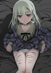 1girl absurdres ave_mujica_(bang_dream!) bang_dream! bang_dream!_it&#039;s_mygo!!!!! blue_dress box_wonderland choker closed_mouth clothes_lift cuts dress frilled_choker frills green_brooch green_hair hair_ornament hairclip highres injury long_hair long_sleeves looking_at_viewer panties scar scar_on_leg self-harm_scar skirt skirt_lift thighs underwear wakaba_mutsumi white_panties yellow_eyes