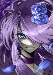 Rule 34 | 1girl, blue eyes, blue flower, blue rose, choker, closed mouth, collarbone, cure moonlight, earrings, floating hair, flower, hair flower, hair ornament, heartcatch precure!, jewelry, long hair, looking at viewer, petals, portrait, precure, purple hair, rose, solo, swept bangs, tsukikage oyama, tsukikage yuri, very long hair