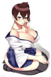 Rule 34 | 10s, 1girl, artist name, ass, bare shoulders, black thighhighs, breasts, brown eyes, brown hair, butt crack, cleavage, covered erect nipples, huge breasts, kaga (kancolle), kantai collection, lips, looking at viewer, parted lips, raised eyebrows, seiza, short hair, side ponytail, simple background, sitting, solo, thighhighs, thighs, white background, zonda (solid air)