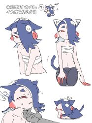 1girl 1other absurdres animal_ear_fluff animal_ears bare_shoulders black_leggings blue_hair blue_tail breasts cat_ears cat_tail cephalopod_eyes chest_sarashi chibi chibi_inset clenched_teeth collarbone colored_extremities commentary_request earrings ears_down furrowed_brow groin hair_over_one_eye hairband hand_on_ground hand_on_own_thigh highres jewelry jounetsu_(jonetunoaoitako) kemonomimi_mode leggings medium_hair midriff motion_lines multiple_earrings multiple_views navel nintendo octoling one_eye_covered red_eyes sarashi scratching_chin shiver_(splatoon) sitting small_breasts splatoon_(series) splatoon_3 suction_cups sweat tail teeth tentacle_hair tooth_earrings torn_clothes torn_leggings translation_request white_hairband