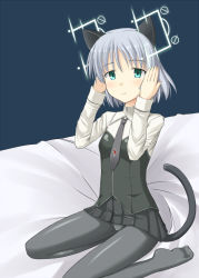 Rule 34 | 00s, 1girl, animal ears, bad id, bad pixiv id, bed, black pantyhose, blue background, cat ears, cat tail, crotch seam, expressionless, green eyes, hirschgeweih antennas, military, military uniform, necktie, pantyhose, rinyan suzu, sanya v. litvyak, short hair, silver hair, simple background, solo, strike witches, tail, uniform, world witches series