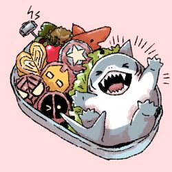 &gt;_&lt; 1boy bento cani captain_america&#039;s_shield commentary_request deadpool fangs fins fish_tail food gills heart highres iron_man jeff_(marvel) lettuce looking_at_viewer lying male_focus marvel mjolnir_(marvel) notice_lines omelet on_back open_mouth pink_background shark shark_fin shark_tail smile spider-man tail tamagoyaki tomato vegetable