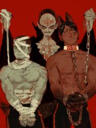 Rule 34 | 3boys, animal ears, animal hands, bandaged arm, bandaged head, bandaged torso, bandages, black eyes, blood, bloody bandages, bound, bound arms, bound wrists, chain, chain leash, chengongzi123, claws, closed mouth, collar, colored sclera, colored skin, commentary, cuffs, dark-skinned male, dark skin, english commentary, facial hair, goatee, goatee stubble, golden kamuy, green skin, grey sclera, halloween, high collar, highres, koito otonoshin, leash, looking at another, looking at viewer, male focus, monsterification, multiple boys, mummy, mustache, nipples, parted lips, pointy ears, red background, shackles, simple background, smirk, standing, stubble, tail, toned, toned male, topless male, tsukishima hajime, tsurumi tokushirou, upper body, vampire, wolf boy, wolf ears, wolf tail
