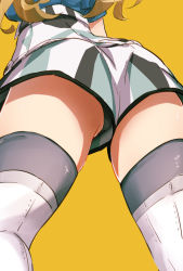 Rule 34 | 1girl, ass, black panties, black thighhighs, blonde hair, boots, close-up, foreshortening, from behind, from below, gambier bay (kancolle), head out of frame, highres, kantai collection, kasoku souchi, legs apart, long hair, panties, partially visible vulva, shiny skin, short sleeves, shorts, solo, thigh boots, thighhighs, thighhighs under boots, thighs, underwear, upshorts, white footwear