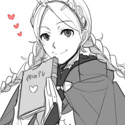 Rule 34 | 1girl, book, braid, bridal gauntlets, capelet, closed mouth, fire emblem, fire emblem fates, fujoshi, greyscale, hairband, heart, holding, holding book, hood, hood down, hooded capelet, looking at viewer, low twin braids, monochrome, nina (fire emblem), nintendo, smile, tomoaki (coconon), twin braids