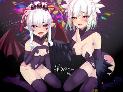 Rule 34 | 2girls, black gloves, black thighhighs, blush, breasts, commission, commissioner upload, elbow gloves, fang, feathers, gloves, hair ornament, lincoro, looking at viewer, medium breasts, multiple girls, non-web source, okuri banto, open mouth, pointy ears, red eyes, skeb commission, skin fang, skull hair ornament, small breasts, thighhighs, virtual youtuber, white hair, wings