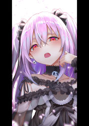 Rule 34 | 1girl, absurdres, bare shoulders, black dress, blush, brooch, collarbone, disgust, dress, earrings, frilled dress, frilled straps, frills, gothic lolita, hair between eyes, highres, hololive, jewelry, lolita fashion, long hair, looking at viewer, off-shoulder dress, off shoulder, pillarboxed, pink hair, red eyes, see-through, see-through sleeves, short sleeves, sidelocks, skull earrings, solo, two side up, uruha rushia, uruha rushia (3rd costume), virtual youtuber, yakurope-moko