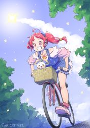 Rule 34 | 1girl, ahoge, bicycle, blue footwear, commentary request, fuwa (precure), grin, headband, highres, hoshina hikaru, jewelry, necklace, pink eyes, pink hair, precure, smile, solo, star twinkle precure, tuqi pix, twintails