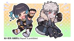 Rule 34 | &gt; o, 1boy, 1girl, ;d, arm up, black gloves, black hair, black thighhighs, blue fire, blue hair, boots, brown eyes, chibi, clenched hand, fiery hair, fingerless gloves, fire, gloves, gradient hair, grey footwear, grey hair, grey shirt, grey shorts, grey skirt, grey vest, grin, halftone, halftone background, hand up, lanz (xenoblade), multicolored hair, one eye closed, open clothes, open mouth, open vest, red eyes, sena (xenoblade), shirt, short shorts, shorts, skirt, smile, sudachips, thighhighs, thighhighs under boots, vest, watermark, white footwear, xenoblade chronicles (series), xenoblade chronicles 3
