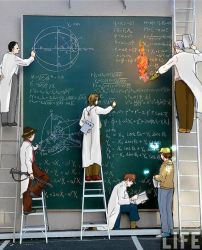 Rule 34 | 6+boys, absurdres, alto clef, arm behind back, baseball cap, black hair, bottle, brown hair, bug, butterfly, chalkboard, commentary, derivative work, facial hair, fire, gears (scp), glasses, gun, hat, highres, iceberg (scp), bug, jack bright, jewelry, lab coat, ladder, male focus, molotov cocktail, multiple boys, necklace, on one knee, pendant, scp-408, scp foundation, seneo, simon glass, standing, translation request, weapon, white hair, writing