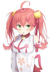 Rule 34 | 1girl, absurdres, ahoge, alternate hairstyle, bare shoulders, bell, blush, breasts, cherry blossom print, detached sleeves, floral print, frills, green eyes, hair bell, hair between eyes, hair ornament, hairclip, highres, hololive, jingle bell, long hair, nontraditional miko, open mouth, pink hair, sakura miko, sakura miko (1st costume), sketch, solo, starkamisan, twintails, virtual youtuber, white background, x hair ornament