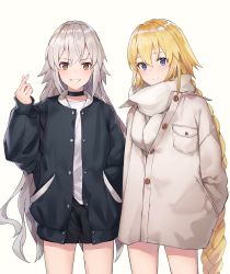 Rule 34 | 2girls, absurdres, black cola, black jacket, black shorts, blonde hair, blue eyes, blush, braid, brown coat, brown eyes, closed mouth, coat, commentary, english commentary, fate/grand order, fate (series), grin, hair between eyes, hand in pocket, highres, jacket, jeanne d&#039;arc (fate), jeanne d&#039;arc (ruler) (fate), jeanne d&#039;arc alter (avenger) (fate), jeanne d&#039;arc alter (fate), long hair, long sleeves, multiple girls, open clothes, open jacket, scarf, shirt, short shorts, shorts, silver hair, single braid, sleeves past wrists, smile, very long hair, white scarf, white shirt