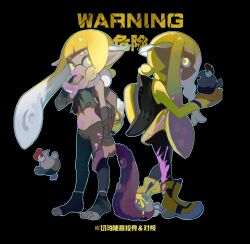 Rule 34 | 2girls, agent 3 (splatoon 3), black background, black pants, blonde hair, boots, braid, braided sidelock, commentary, crop top, cropped shirt, eyebrow cut, full body, gradient hair, highres, inkling, inkling girl, inkling player character, jacket, kakakamiwed, long hair, long pointy ears, multicolored hair, multiple girls, navel, nintendo, paint, pants, pointy ears, purple hair, shirt, simple background, single braid, smallfry (splatoon), splatoon (series), splatoon 3, standing, tentacle hair, tentacles, toes, torn clothes, torn shirt, translation request, two-tone hair, yellow eyes, yellow footwear, yellow jacket