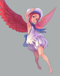 Rule 34 | armpits, barefoot, bloomers, blue eyes, bow, hat, necktie, red hair, short hair, simple background, solo, underwear, weno, white bloomers, wings