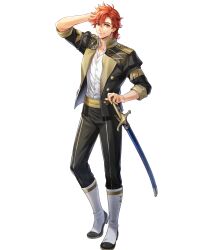 Rule 34 | 1boy, argon (exys), arm up, black jacket, black pants, boots, brown eyes, fire emblem, fire emblem: three houses, fire emblem heroes, full body, garreg mach monastery uniform, hair between eyes, hand in own hair, highres, jacket, leggings, looking at viewer, male focus, nintendo, official art, open clothes, open jacket, orange hair, pants, scabbard, sheath, sheathed, shirt, short hair, smile, solo, standing, sword, sylvain jose gautier, transparent background, weapon, white footwear, white shirt