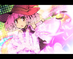 Rule 34 | 1girl, bow, female focus, foreshortening, gradient background, halftone, halftone background, hat, heart, letterboxed, magic circle, magical girl, mirakurun, open mouth, pink eyes, pink hair, short twintails, solo, tanashi (mk2), twintails, wand, white background, witch hat, yuru yuri