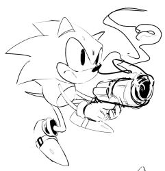 Rule 34 | 1boy, animal ears, animal nose, closed mouth, commentary, english commentary, frown, full body, furry, furry male, gloves, greyscale, gun, handgun, holding, holding gun, holding weapon, male focus, monochrome, murzanic, shoes, simple background, sketch, smoke, smoking gun, solo, sonic (series), sonic the hedgehog, sonic the hedgehog (classic), standing, tail, weapon, white background
