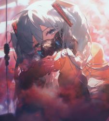 Rule 34 | 1girl, absurdres, blue eyes, blue hair, blurry, blurry foreground, commentary request, hair ornament, hatsune miku, head tilt, highres, jacket, konya karasue, long hair, long sleeves, looking at viewer, orange jacket, own hands together, respirator, sleeves past wrists, solo, twintails, upper body, vocaloid