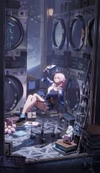 Rule 34 | 1girl, absurdres, arm up, black choker, black footwear, blue eyes, blue skirt, book, book stack, bottle, briefcase, buttons, camera, chinese commentary, choker, commentary request, crate, crossed ankles, from side, front-tie top, highres, holding, holding camera, honkai: star rail, honkai (series), in shopping cart, knees up, ladder, lamp, laundromat, long sleeves, looking up, march 7th (honkai: star rail), meirong, pink hair, planet, purple eyes, scenery, shirt, shoes, shopping cart, short hair, sitting, skirt, solo, space, two-tone eyes, washing machine, white shirt, wide shot