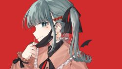 Rule 34 | 1girl, bandaid, commentary, ear piercing, fangs, hair ornament, hatsune miku, heart, highres, jewelry, jirai kei, long hair, long sleeves, looking at viewer, mask, mask pull, mouth mask, open mouth, piercing, red background, ribbon, rktsm, shirt, simple background, smile, solo, twintails, vampire (vocaloid), vocaloid