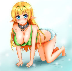Rule 34 | 10s, 1girl, absurdres, all fours, bare shoulders, barefoot, blonde hair, blue eyes, blush, breasts, cleavage, collar, crop top, downblouse, elf, full body, hanging breasts, highres, huge breasts, inknijihara, isekai maou to shoukan shoujo no dorei majutsu, long hair, looking at viewer, metal collar, no bra, pointy ears, shadow, shera l. greenwood, shorts, slave, smile, solo, strap slip