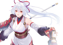 Rule 34 | 1girl, armor, blue hakama, breasts, detached sleeves, fate/grand order, fate (series), fingerless gloves, gloves, hair between eyes, hakama, hakama pants, hip vent, holding hands, japanese armor, japanese clothes, kimono, large breasts, long hair, looking at viewer, naginata, obi, open mouth, pants, polearm, ponytail, red eyes, red gloves, sash, shirabi, short kimono, single sleeve, smile, solo focus, tomoe gozen (fate), weapon, white hair, white kimono
