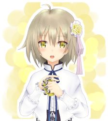 Rule 34 | 1girl, ahoge, blue ribbon, blush, brown hair, flower, hair flower, hair ornament, highres, holding, holding instrument, instrument, kaneshiro sora, long sleeves, looking at viewer, neck ribbon, open mouth, outline, pdnt, ribbon, round teeth, short hair, smile, solo, tambourine, teeth, tenshi no 3p!, upper body, white outline, yellow eyes