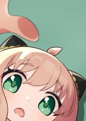 Rule 34 | 1girl, :o, absurdres, ahoge, anya (spy x family), blush, child, double bun, face, green background, green eyes, hair bun, highres, looking at viewer, open mouth, pink hair, simple background, soraneko maru, spy x family