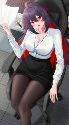 Rule 34 | 1girl, absurdres, ahoge, aircell, black hair, black pantyhose, black skirt, blush, bra visible through clothes, breasts, brown pantyhose, chair, colored inner hair, desk, feet, floor, highres, holding, holding paper, honkai (series), honkai impact 3rd, computer keyboard, lanyard, large breasts, long hair, long sleeves, looking at viewer, multicolored hair, office chair, office lady, open clothes, open mouth, pantyhose, paper, pen, red eyes, red hair, see-through, seele (alter ego), seele vollerei, shirt, shirt tucked in, skirt, solo, swivel chair, tight clothes, tight shirt, two-tone hair, very long hair, white shirt