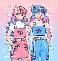 Rule 34 | 2girls, arm tattoo, belt, belt chain, blue background, blue belt, blue clouds, blue eyes, blue hair, blue pants, blue pantyhose, blue shirt, cargo pants, cherry blossom print, cherry blossoms, crescent moon, demon horns, earrings, emily kim, fishnets, floral print, flower earrings, flower tattoo, fox mask, gradient background, gradient hair, grid background, hand in pocket, hand on another&#039;s shoulder, horns, jewelry, limited palette, long hair, mask, moon, multicolored hair, multiple girls, original, pants, pantyhose, pastel colors, pink background, pink belt, pink clouds, pink hair, pink shirt, pink skirt, print pants, print shirt, print skirt, shirt, skirt, sparkle, tattoo, twintails, wavy hair, whorled clouds